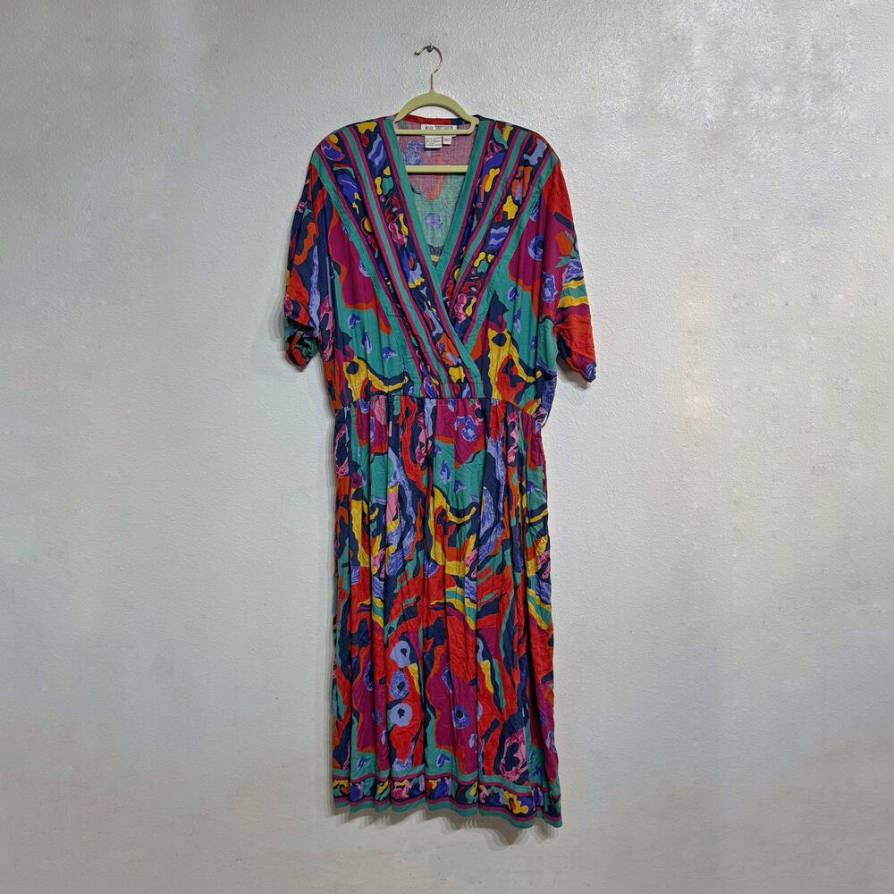 Together! Abstract Print Midi Dress 90s Vintage Boho Colorful Rayon Plus Sz 20W